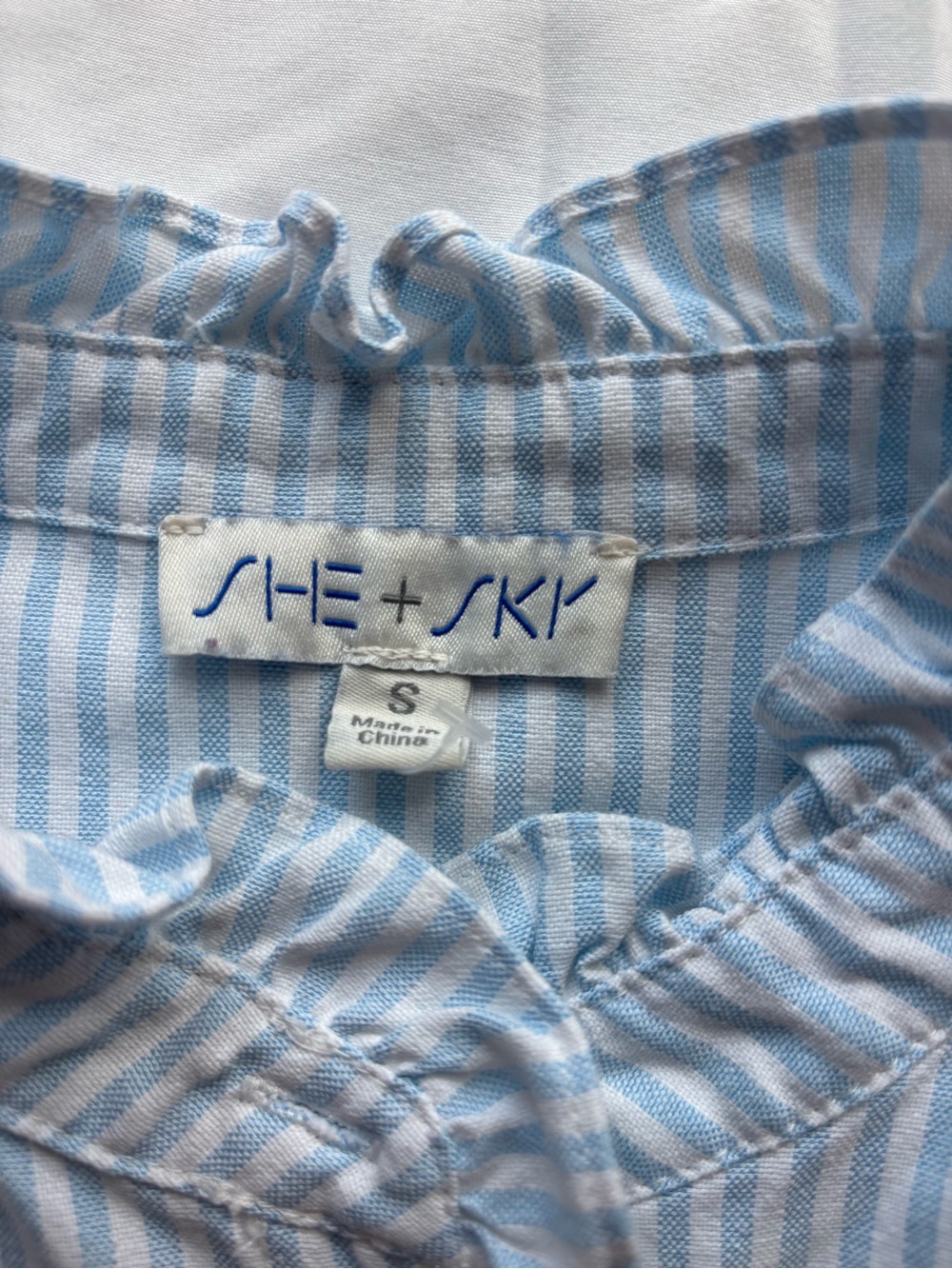 She + Sky  Blue and White Striped Ruffle Collar Tie-Waist Dress - Picture 2 of 7